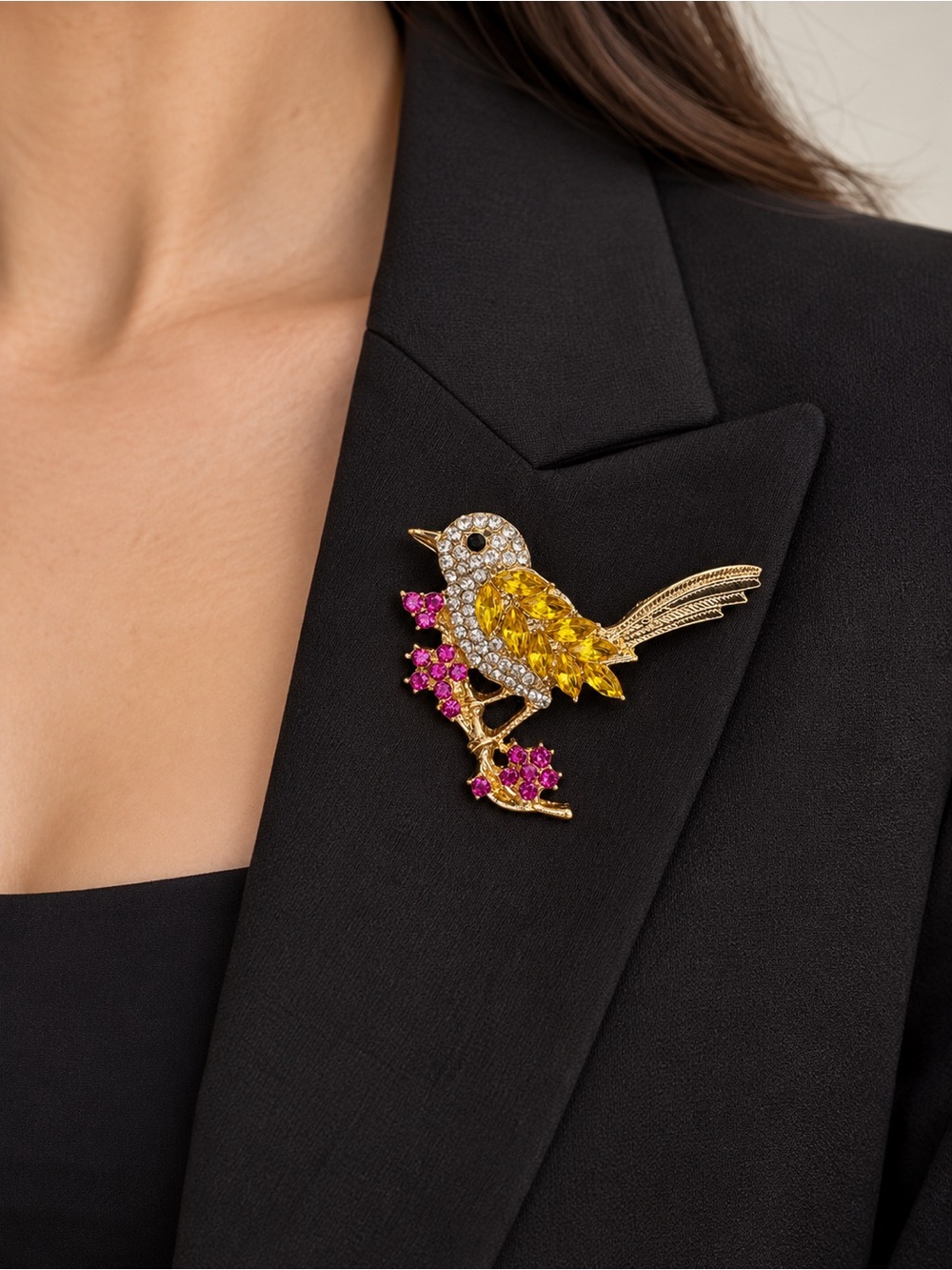 Elegant Yellow Crystal Bird Brooch - Fashion Accessory